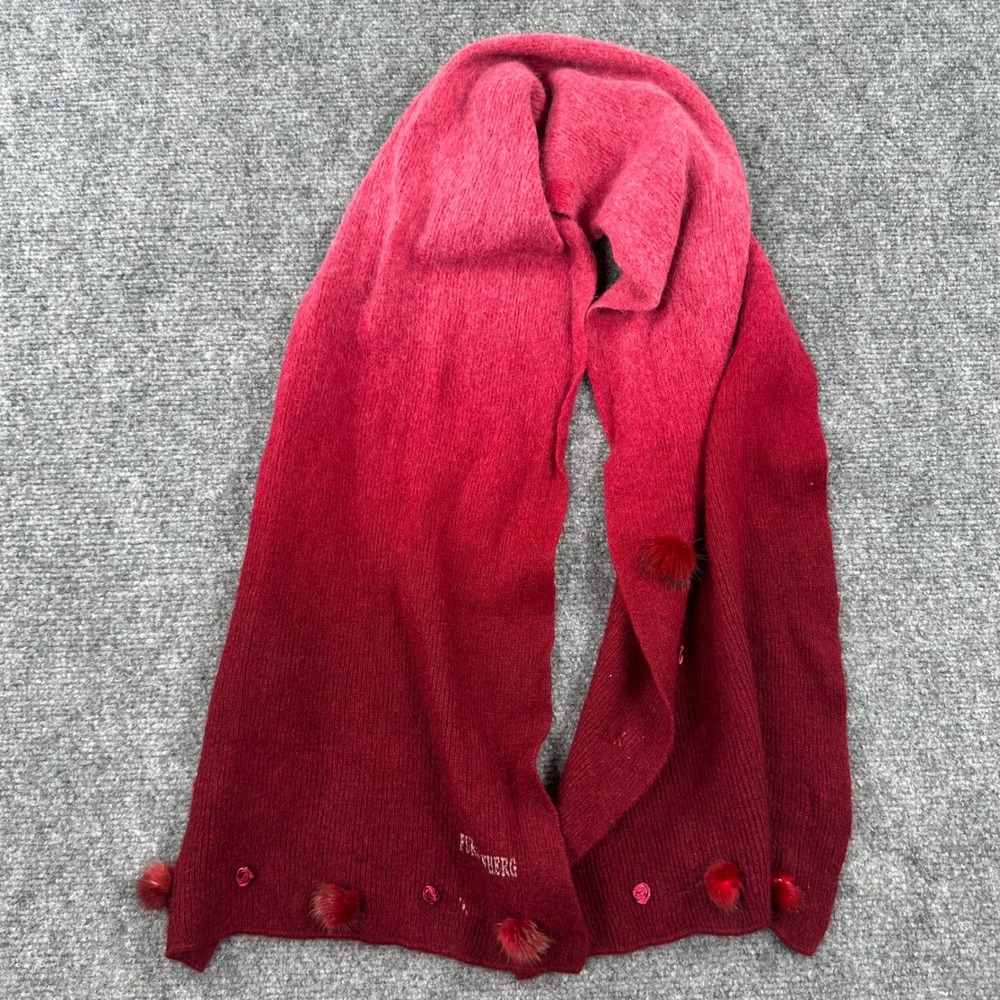 Furstenberg Scarf OS Red Ombre Angora Wool Blend Fur Pom Pom Rosette Women
